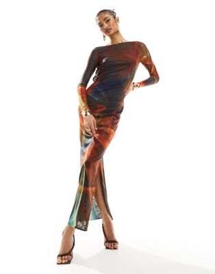 Farai London Anayah mesh long sleeve backless column maxi dress in red ombre