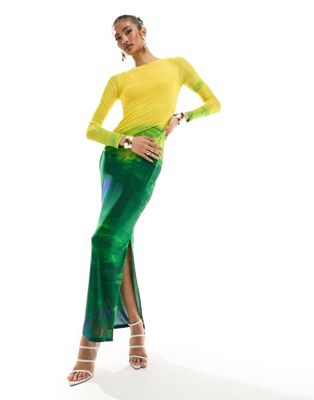 Farai London Aphrodite Mesh Long Sleeve Maxi Dress In Yellow And Green Ombre-multi