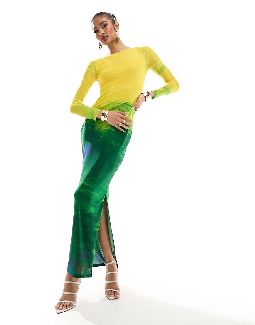 Farai London Aphrodite mesh long sleeve maxi dress in yellow and green ombre-Multi