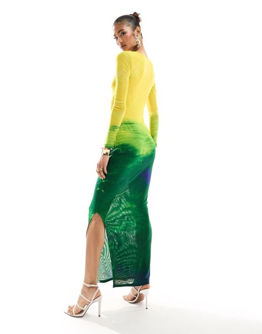 Farai London Aphrodite mesh long sleeve maxi dress in yellow and green  ombre | ASOS