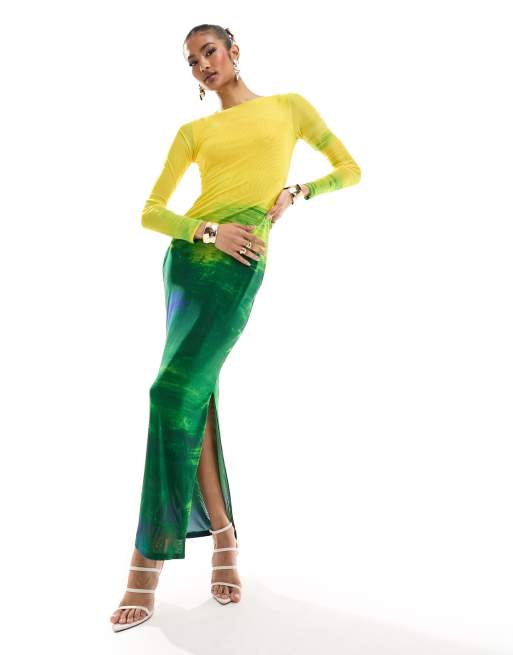 Farai London - Aphrodite - Robe longue en tulle à manches longues - Jaune et vert dégradé