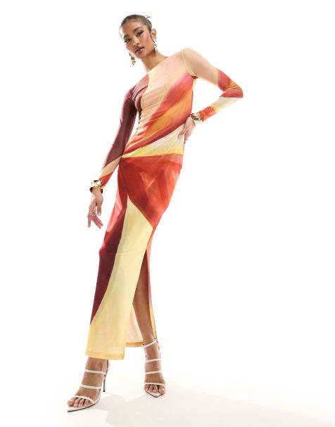 Farai London - Aphrodite - Vestito lungo in tessuto a rete rosso e color crema - view 1