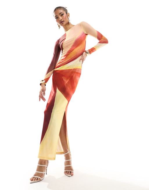 Farai London - Aphrodite - Vestito lungo in tessuto a rete rosso e color crema