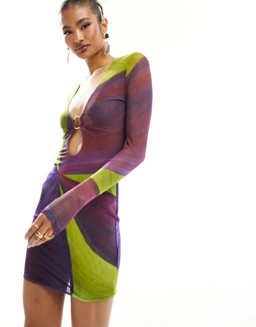 Farai London – Eos – Lila och limegrön miniklänning i mesh och bodycon-modell med utskurna detaljer och djup halsringning