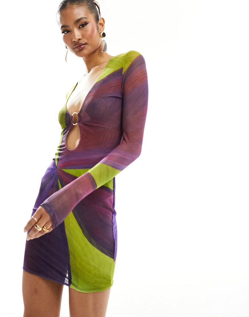 Farai London Eos mesh cut out scoop neck bodycon mini dress in purple and lime flower-Multi