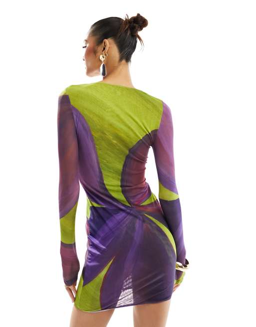 Farai London Eos mesh cut out scoop neck bodycon mini dress in purple and  lime flower | ASOS