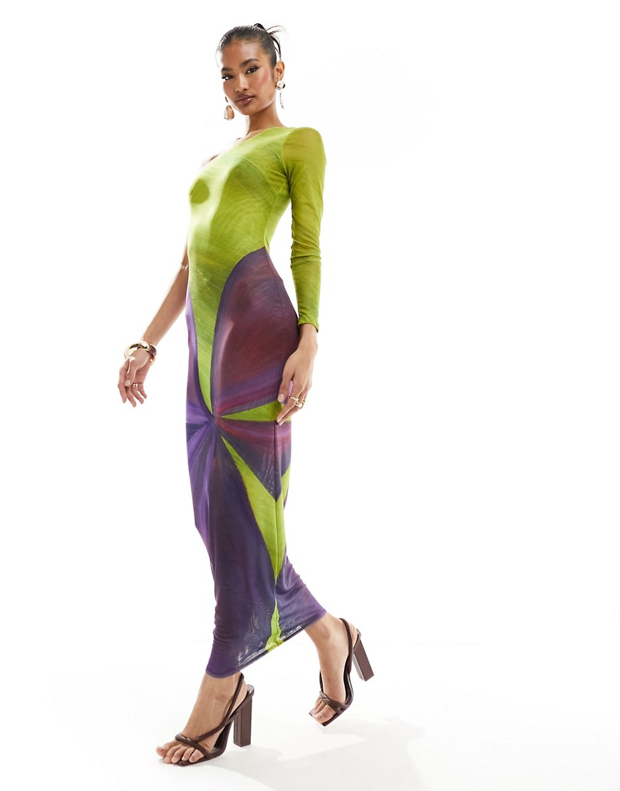 Farai London Nyx mesh one shoulder bodycon maxi dress in purple and lime flower-Multi