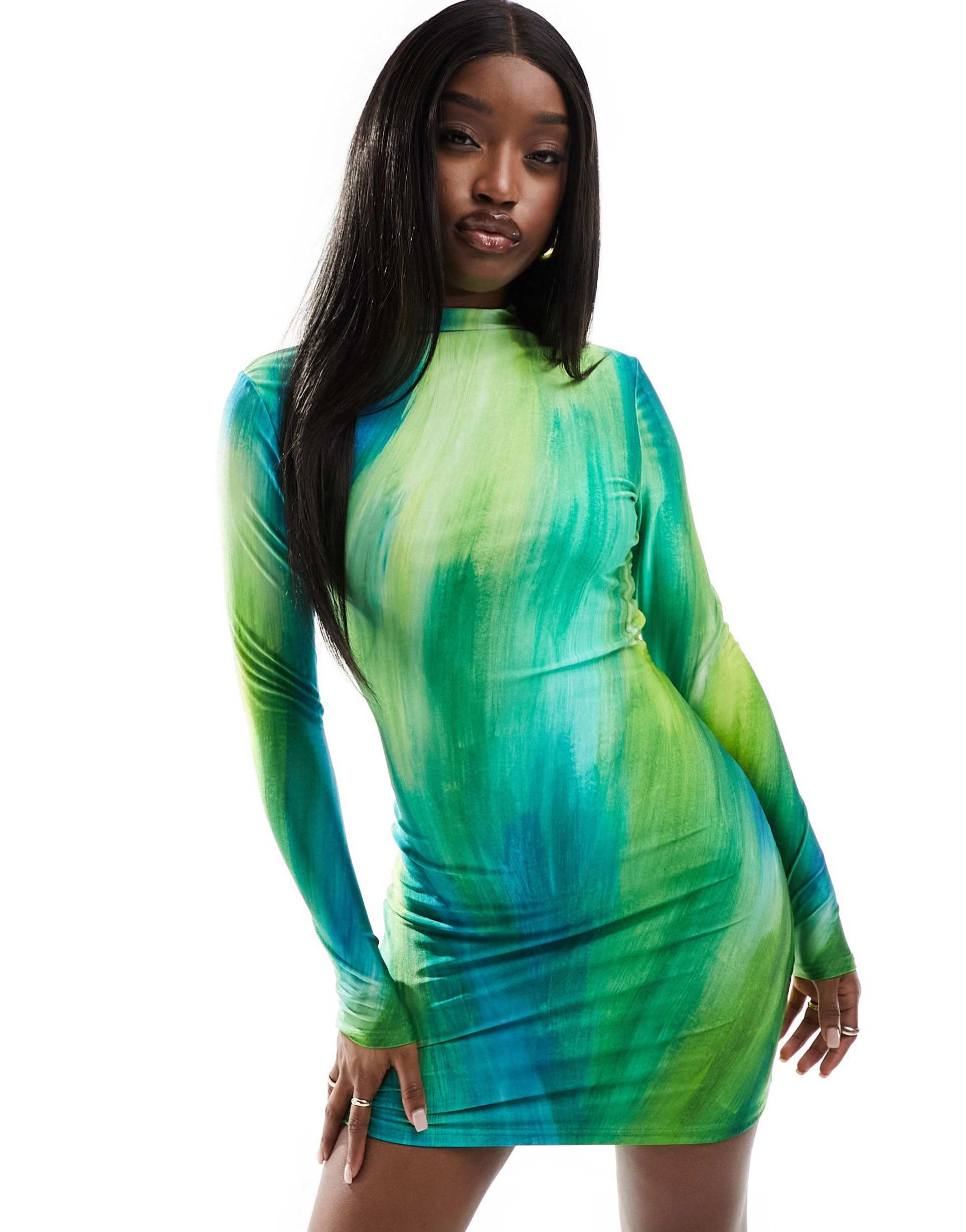 farai london opehlia high neck long sleeve bodycon mini dress in green ombre