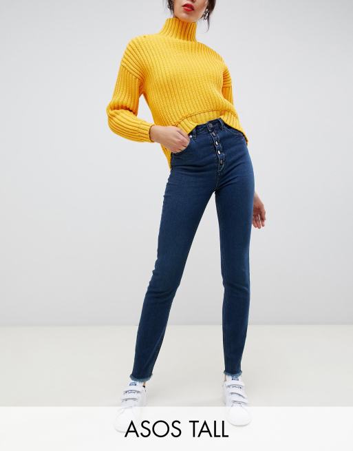 Farleigh højtaljede 80'er jeans i smal pasform i forvasket mørk London-blå med synlig knappelukning fra ASOS DESIGN Tall