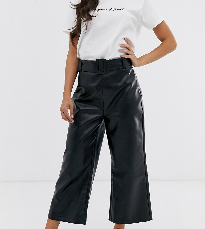 Fashion Unioin Petite wide leg crop trouser with belt detail in pu-Black