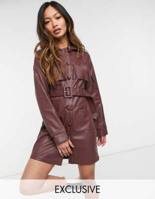 70s leather dress Fashion Union Faux Belted Mini Shirt With Fringe-brown brown leather dress