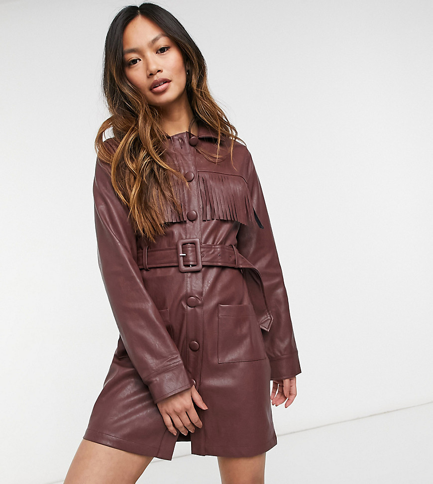 Fashion Union 70s faux leather belted mini shirt dress with fringe-Brown