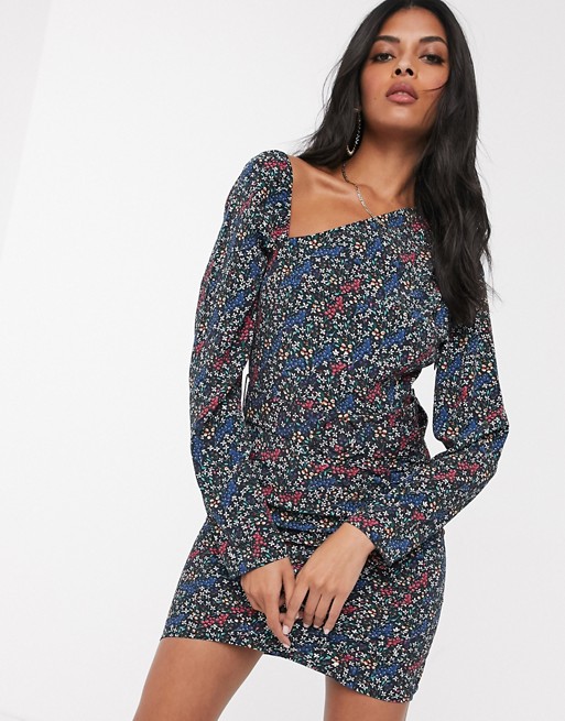 Fashion Union asymmetic shoulder mini dress with ruching in contrast ditsy floral
