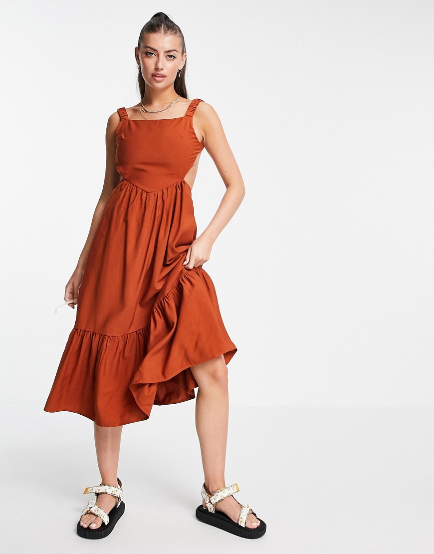 backless midi smock dress with ruffle detail-Brown