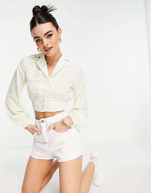 Fashion Union balloon sleeve retro blouse in lime floral