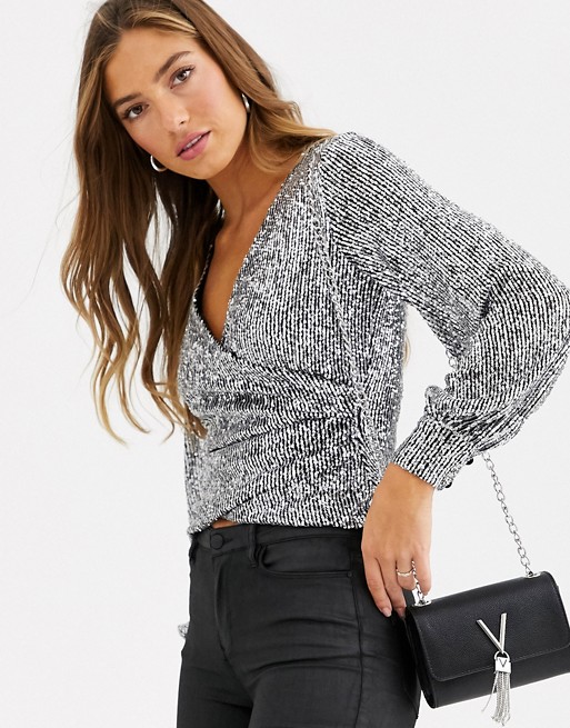 Fashion Union balloon sleeve wrap front top in allover silver sequin