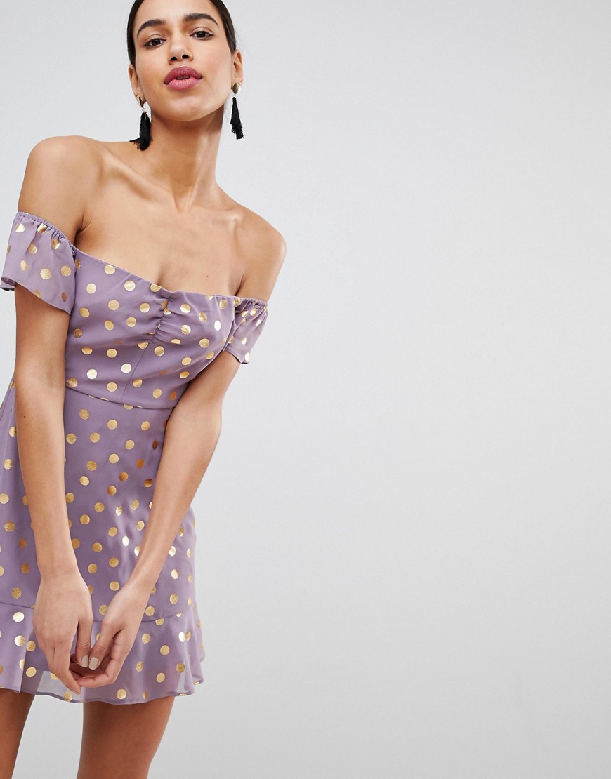 Fashion Union Bardot Tea Dress In Sheer Metallic Spot-Purple