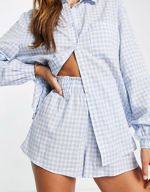 Fashion Union beach shorts co-ord in pastel blue gingham