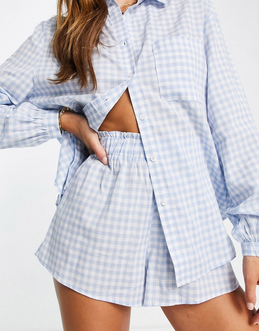 Fashion Union beach shorts in pastel blue gingham - part of a set-Blues