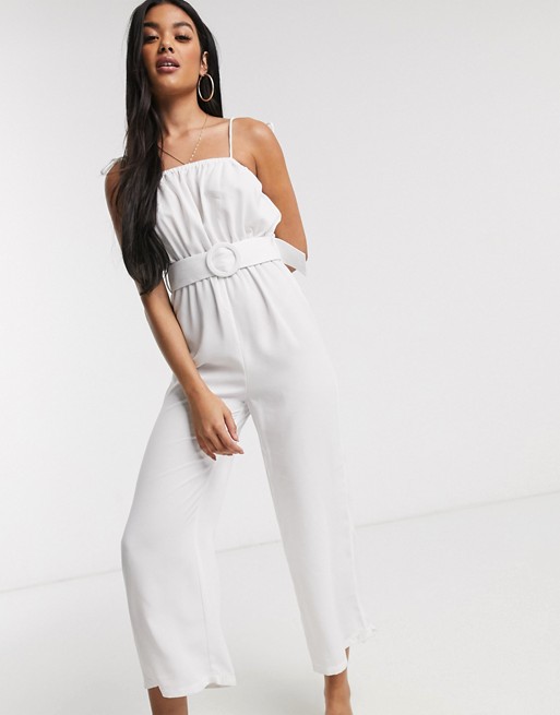 Fashion Union belted beach jumpsuit with wide leg in white