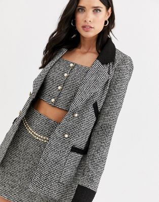 Fashion Union boucle tailored blazer two-piece with contrast collar and ...