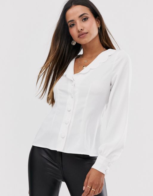 Fashion Union button down blouse with puff sleeves and scallop collar ...
