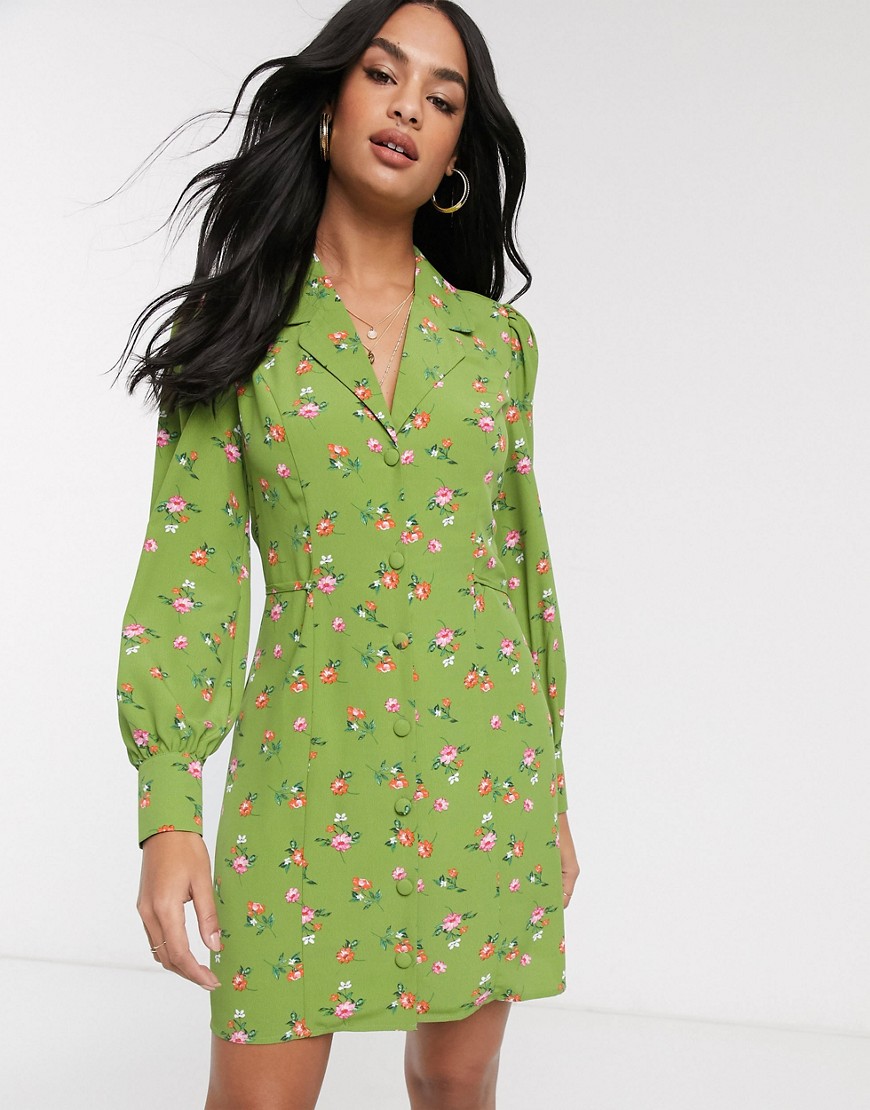 Fashion Union button up mini dress in ditsy floral-Green