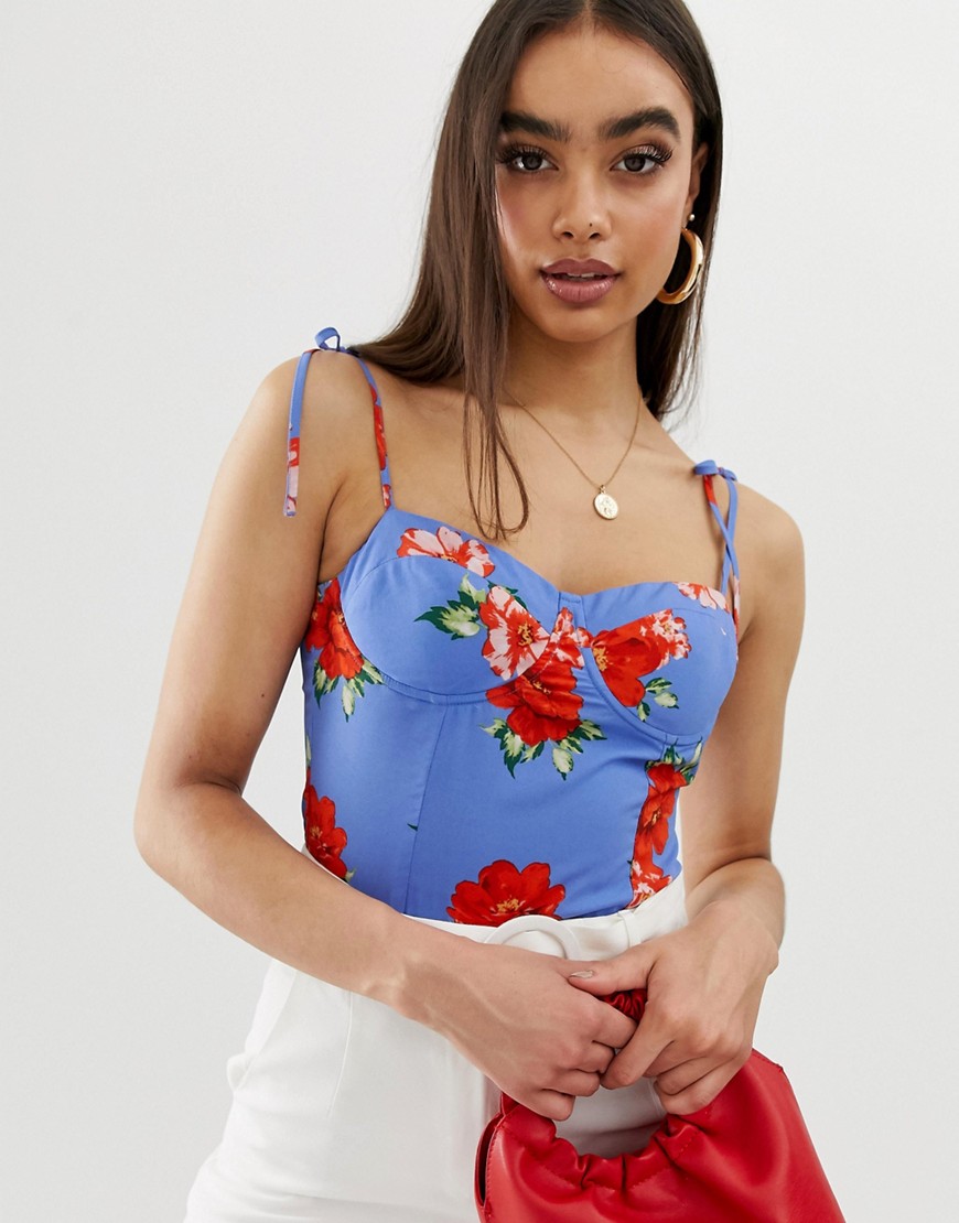 Fashion Union - Cami-top met gestrikte mouwen en bloemenprint-Blauw