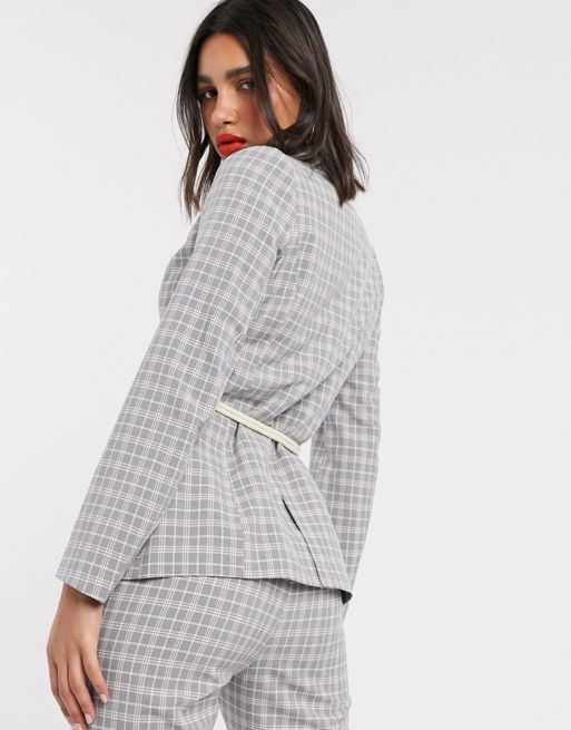 Fashion Union tailored jacket in micro check with waist belt-Neutral