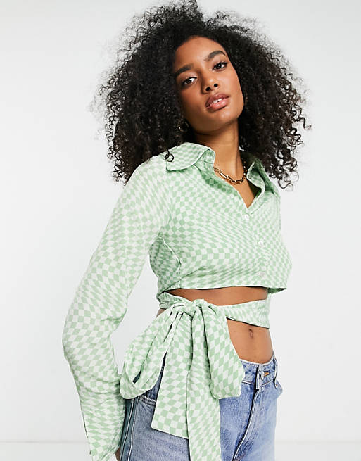 Tops Shirts & Blouses/Fashion Union checkerboard satin open back wrap blouse 