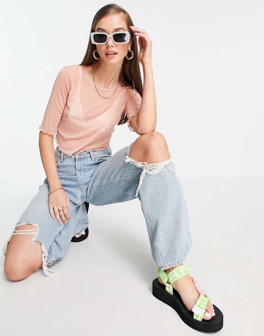 Fashion Union coordinating crop T-shirt in mesh check-Pink