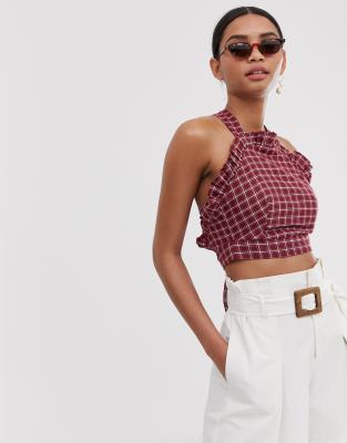 Fashion Union ruffle front crop top with cross back in check-Red Red