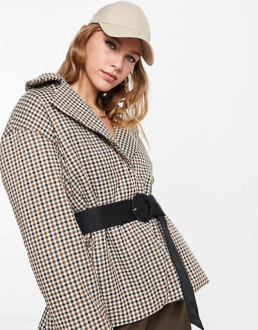 Coats & Jackets Fashion Union cropped fitted puffer jacket with tie waist in check 