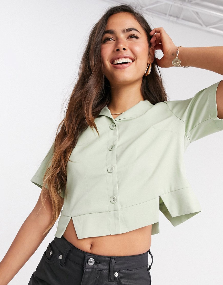 Fashion Union Cropped Open Collar Shirt Two-piece-green