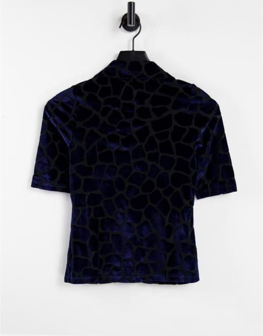 Fashion Union devore velvet mesh polo top in navy blue, 2 of 4
