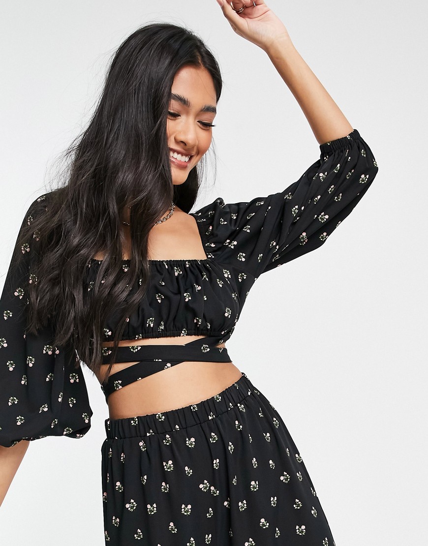fashion union exclusive balloon sleeve crop top co-ord with wrap detail in black base floral-multi