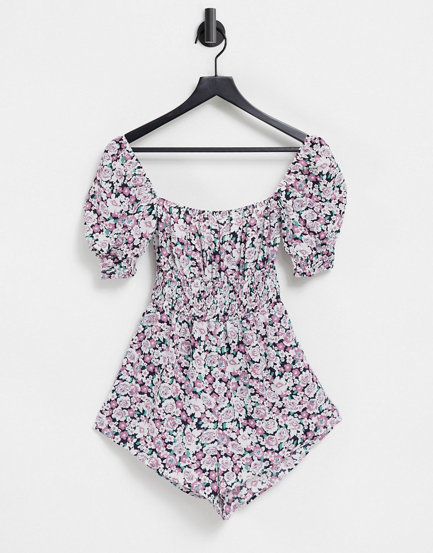 Fashion Union Exclusive Beach Milkmaid Playsuit In Floral Print-Multi