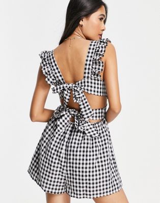 Fashion Union Exclusive cut-out beach playsuit in gingham