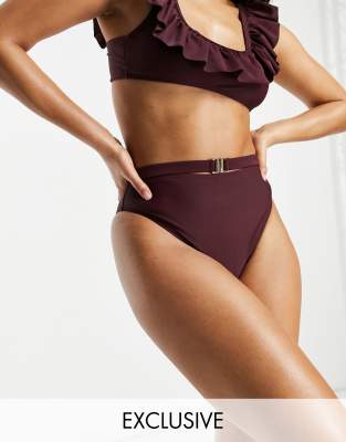 Fashion Union Exclusive high waist bikini bottoms with belt in maroon-Purple