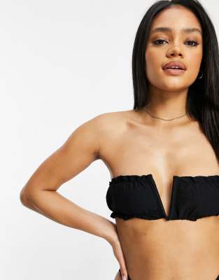 Fashion Union Exclusive plunge v front ruched bandeau bikini top in textured black