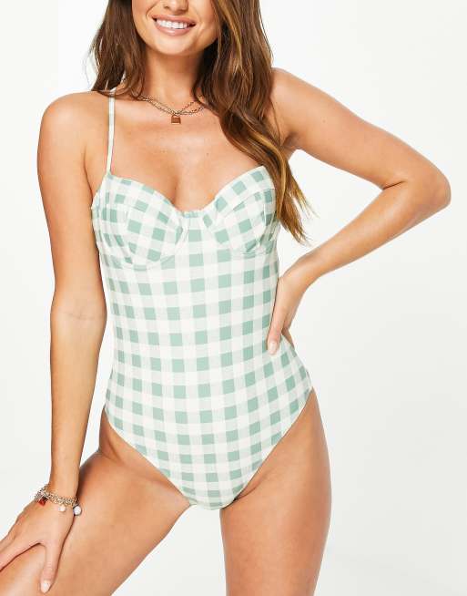 Fashion Union Exclusive underwire swimsuit in green gingham