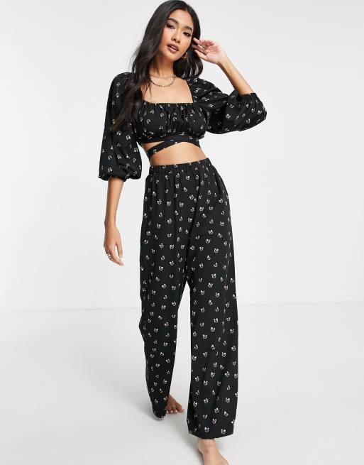 Fashion Union Exclusive wide leg beach pants in black base floral - part of a set 