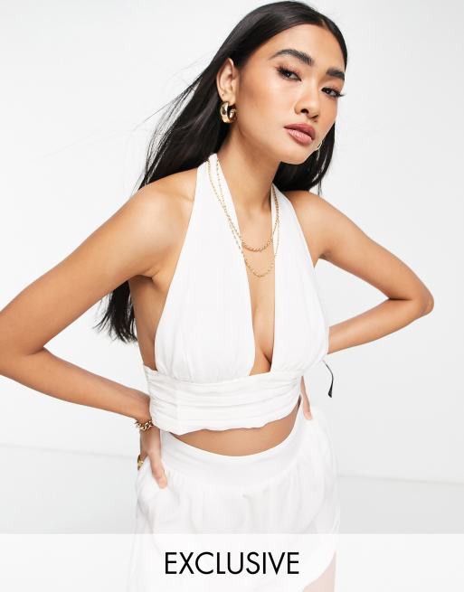 Fashion Union - Exclusivité - Crop top d'ensemble de plage à dos nu - Blanc