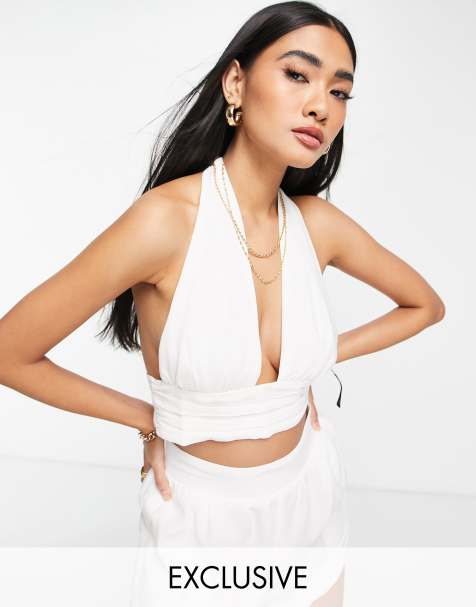Fashion Union – Exklusives, kurzes Neckholder-Strandoberteil in Weiß, Kombiteil - view 1