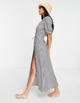 Fashion Union – Exklusives Strandkleid im Wickeldesign mit Vichy-Karos-Mehrfarbig