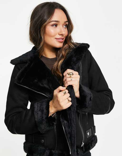 Black shearling biker clearance jacket