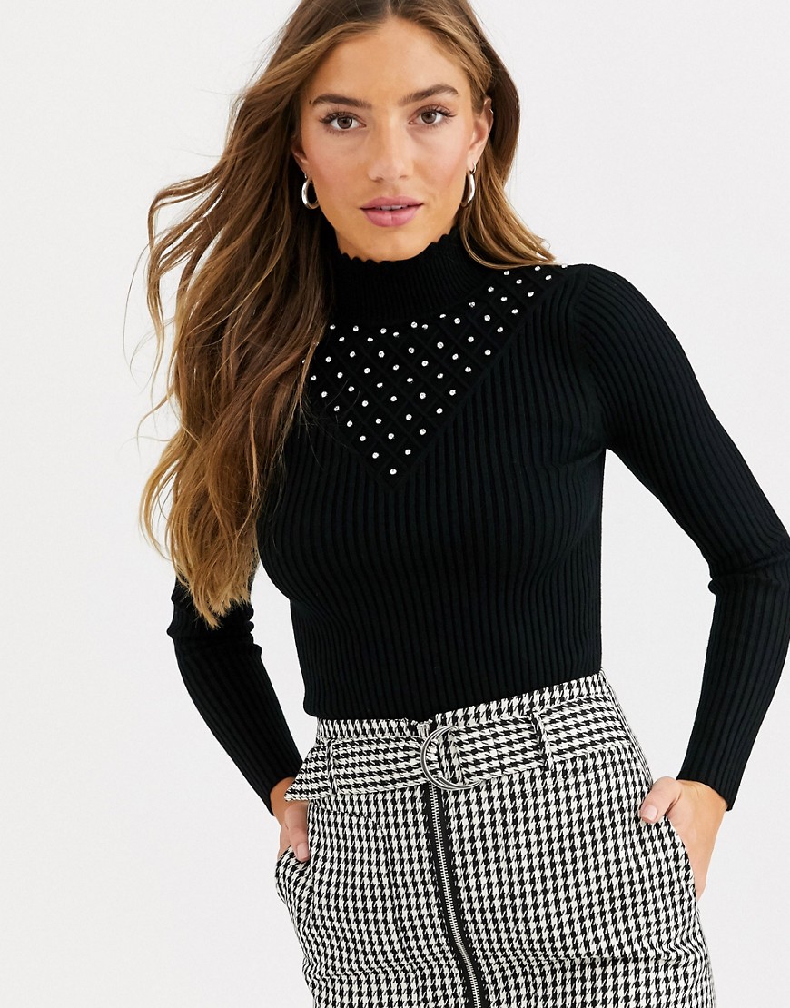 Fashion Union fitted jumper with diamante neck detail-Black