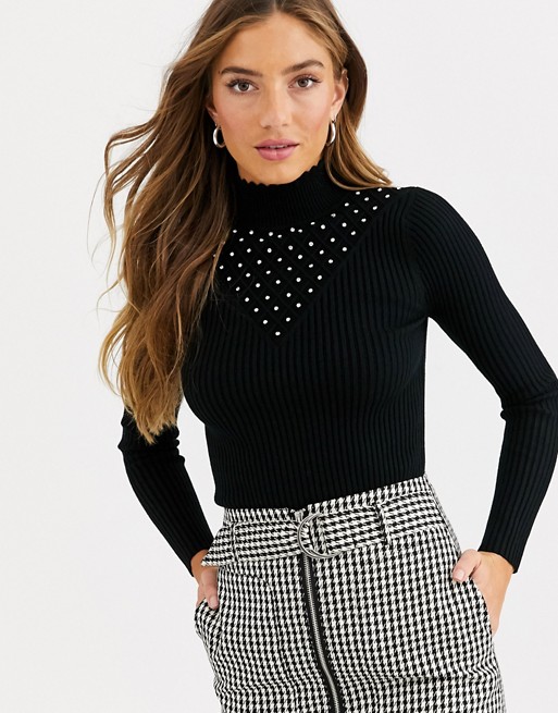 Fashion Union fitted jumper with diamante neck detail