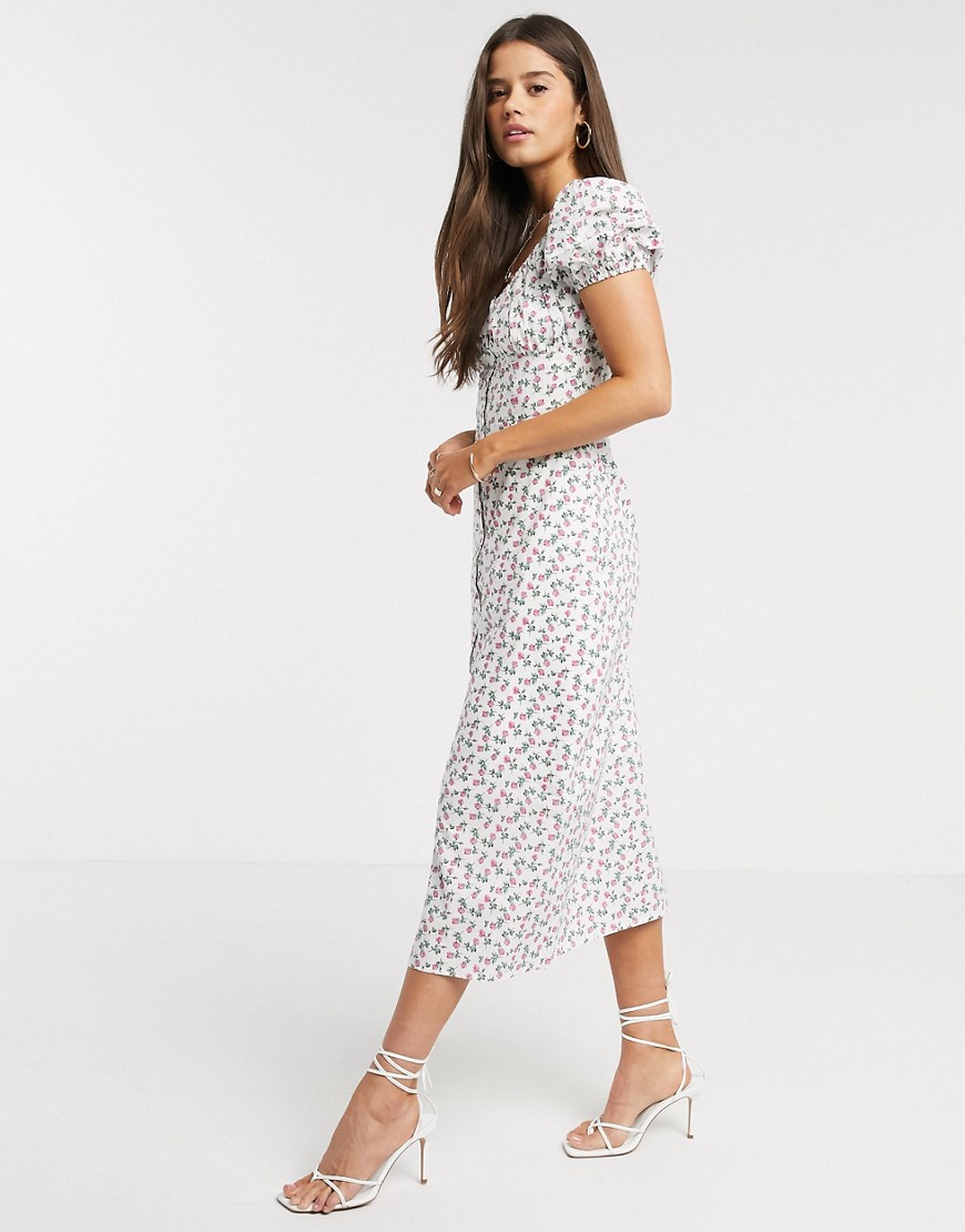 Fashion Union - Halflange jurk met pofmouwen in fijne rozenprint-Wit