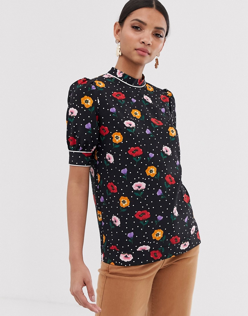 Fashion Union high neck blouse in poppy print-Black